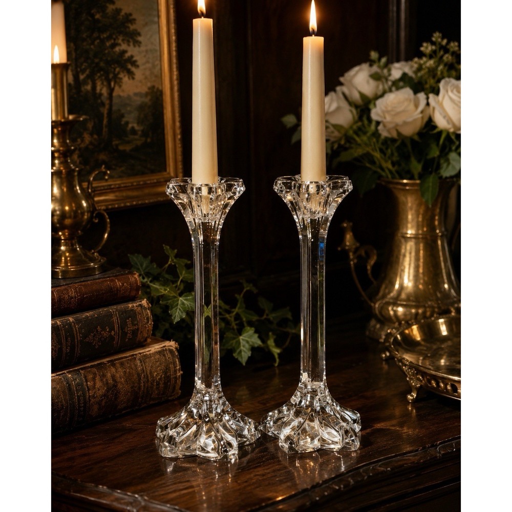 2 Mikasa Crystal Petals 9" Candlestick Holders, Taper Clear Glass Candleholders
